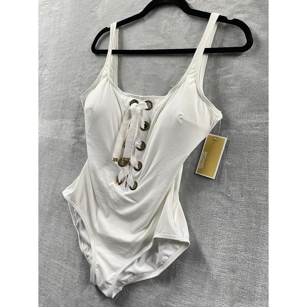 Michael Kors One Piece Swimsuit Womens White New Lace Up Front Grommet Size 14